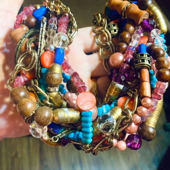 Multi Strand🩷SOLD🩷 BEADED CHUNKY STATEMENT NECKLACE SEQUIN ⭐️ NWT WOOD GLASS - Picture 7 of 14